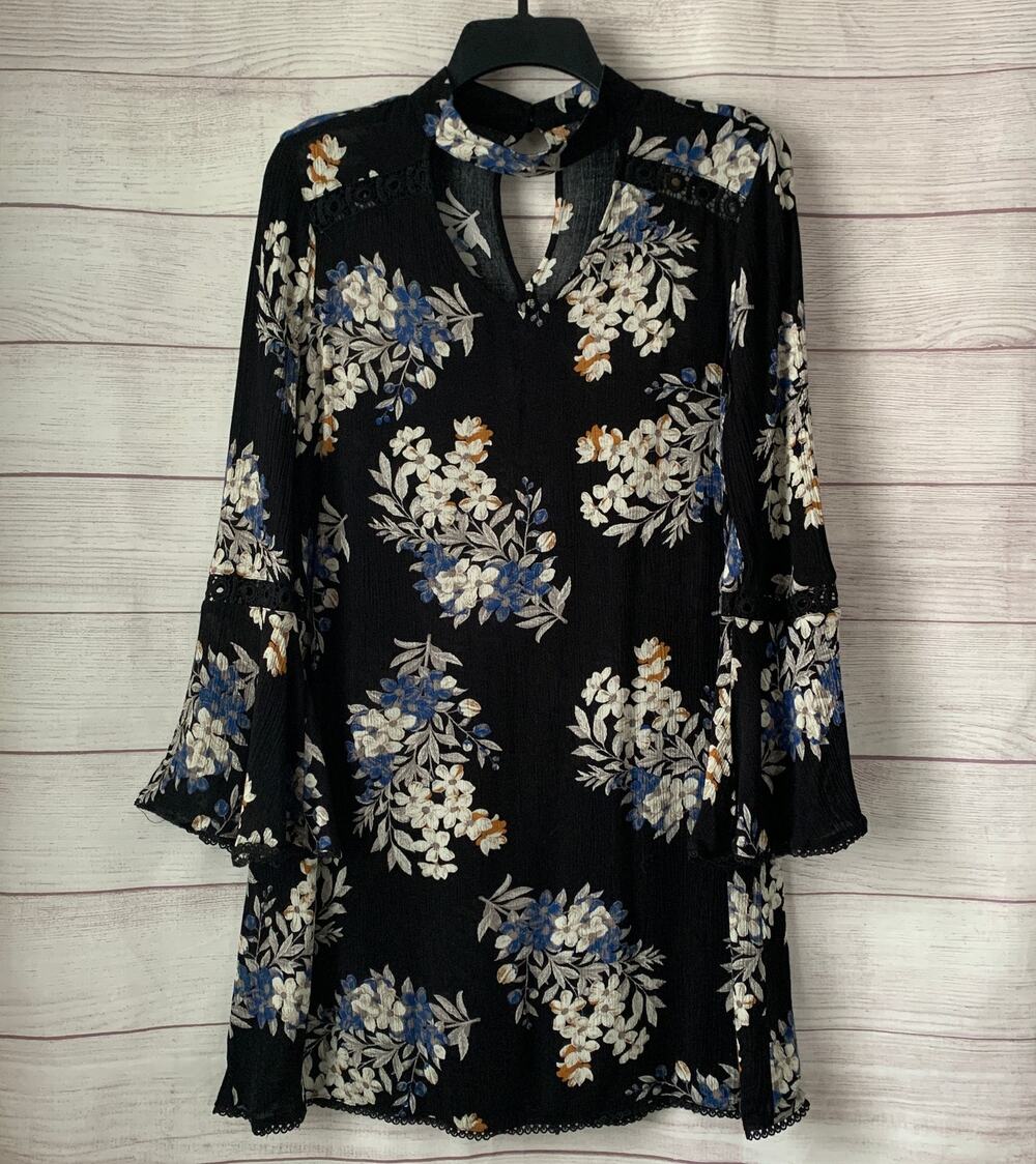 Blu Pepper Black Floral Dress with Gigi Neck Choker Long Sleeve Bell Cuff Size S